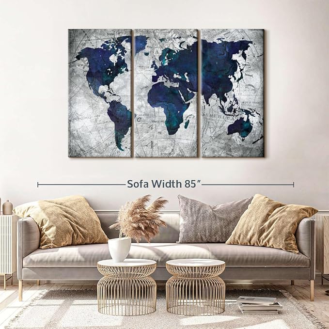 ElephantStock Deep Blue World Map Multi Piece Canvas - 3 Panel Wall Decor - Map of the World Art - Canvas for the Office and Home - 65" X 42"