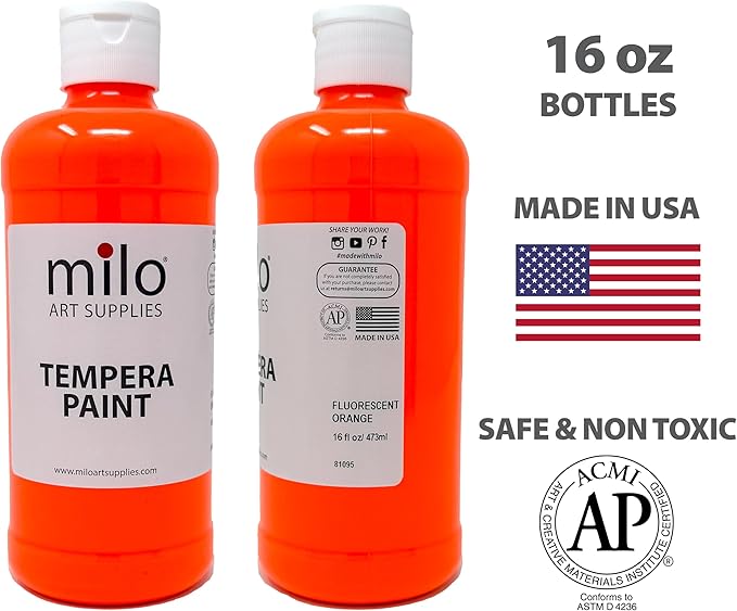 milo Fluorescent Neon Washable Paint for Kids | 16 oz Bottles 6 Colors | Made in the USA | Glows UV in Black Light | Safe & Non-Toxic Tempera Paint for Art & Craft, Poster, Window, for Children, Toddler, Classroom, School, Project