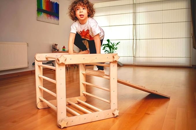 Montessori Climbing Cube and Triangle for Kids | Foldable Climbing Set | Indoor Activity Cube | Climbing Set with Cube and Triangle for Toddler | Foldable Wooden Jungle Gym (CUBE+ARCH+RAMP R)