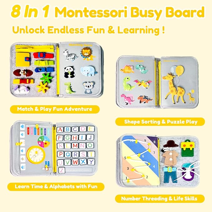 Qizfun Busy Board Montessori Toy for Toddlers, Educational Sensory Learning Toy for Fine Motor Skills, Preschool Travel Toy for Airplane & Car, Gifts for Boys and Girls