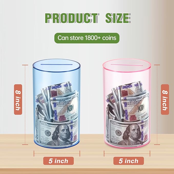 Clear Piggy Bank for Adults/Kids, Acrylic Unopenable Money Box for Cash Coin Saving, Must Break to Open, Money Saving Jar for Adults Boys Girls, Size 8" H x 5" Diameter(Pink)