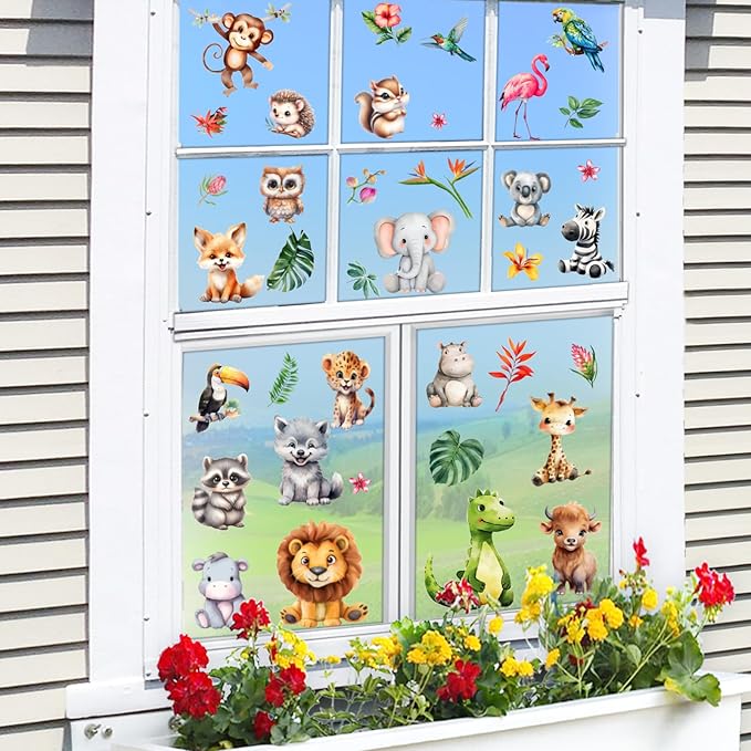 38 Animal Window Stickers, Cute Elephant, Monkey, Bird Window Stickers, Perfect for Parties, Decorating Rooms, Living Rooms, Kitchens, bathrooms, refrigerators, Tile Stickers