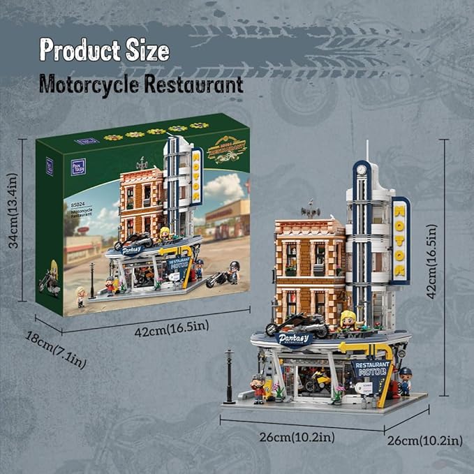 PANTASY Retro Motorcycle Diner & Bar Building Set - Modular Street Corner Architecture Kit with Interactive Doors, Openable Walls, 4 Motorcycles & 5 Exclusive Minifigures for Display & Play