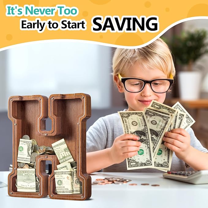 Summidate Customized Name Extra Large Wooden Piggy Bank for Kids Boys Girls Letter A-Z Coins Bills Money Change Bank Box Clear Cover (Laser Engraved) Educational Toys 12"- Letter H