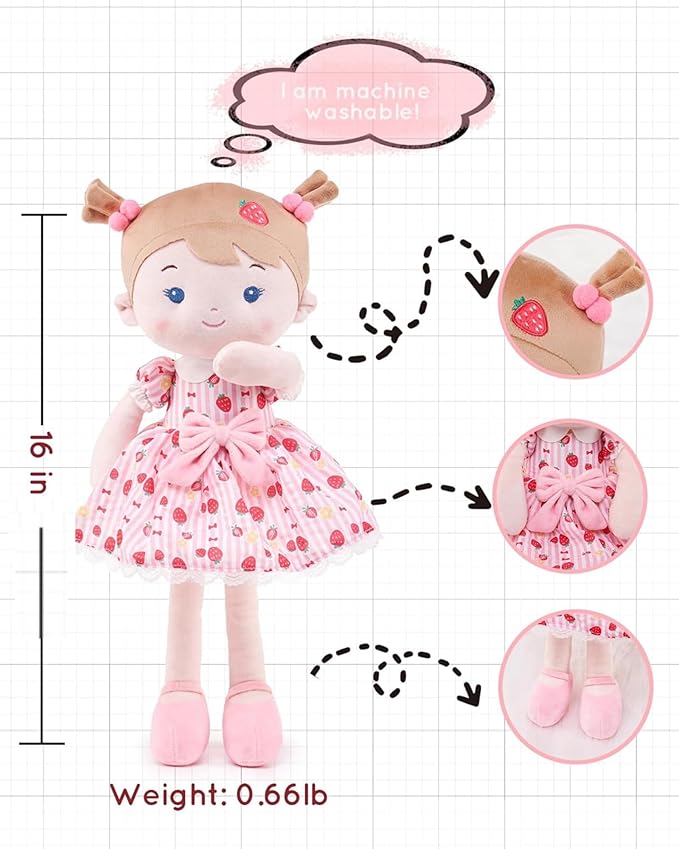 LeyaDoll Soft Baby Doll Toys (16''), My First Baby Rag Doll for 1 Year-Old Girl Birthday Gift, Christmas Plush Toys Gift for Toddler Kids Infants-Strawberry-Girl