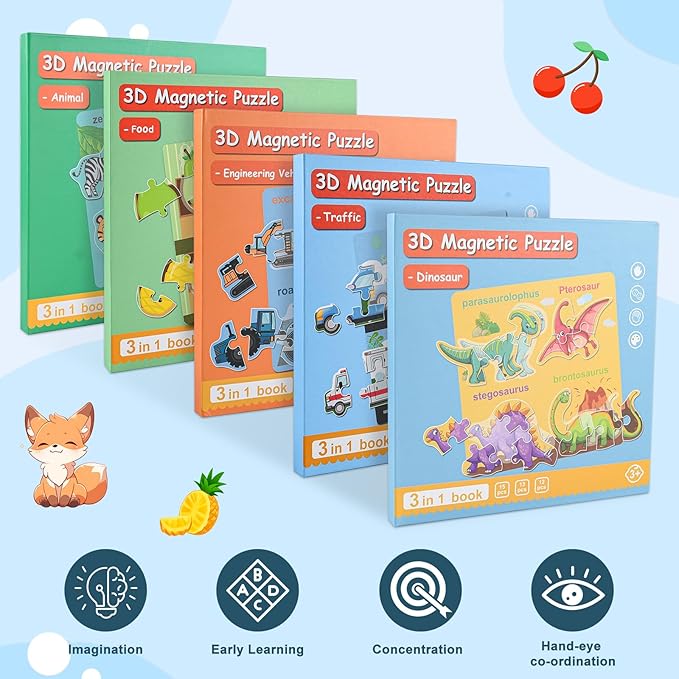 ASTARON 3D Magnetic Puzzle with 60 Puffy Stickers for Toddlers, 51 Pieces 3-in-1 Traffic Puzzles Preschool Education Learning Travel Toys Car Plane Activities for Kids Road Trip Birthday Gifts
