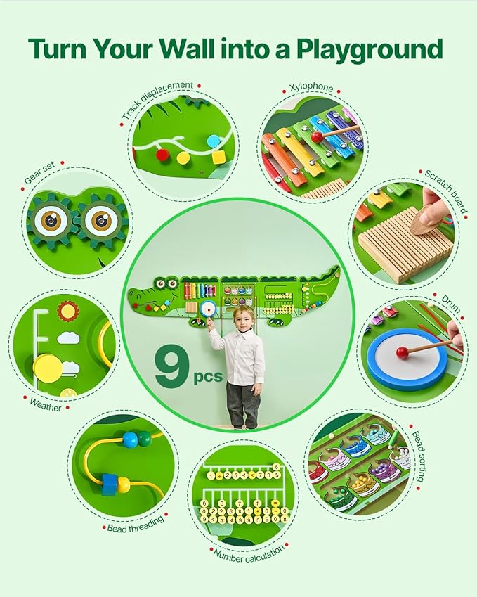 VEVOR Crocodile Activity Busy Board Panel, 9 Wall Activities Board, Montessori Sensory Wall Panel for Kids 3-12 Years, Sensory Wall Activity Panel, Ideal for Toddler Playroom Nursery Classroom
