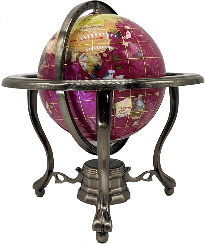 Unique Art 10-Inch Tall Table Top Pink Pearl Swirl Ocean Gemstone World Globe with Silver Tripod Stand (PINK TRIPOD SILVER)