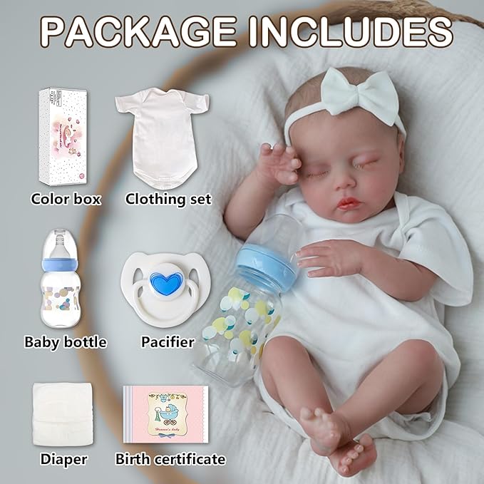 SCOM Lifelike Reborn Baby Dolls - 18 Inch Sleeping Real Life Realistic Newborn Baby Doll with Soft Cloth Body, Sleeping Eyes and Cute Feeding Accessories Toy, Gift for 3+ Year Old Girls Boys Kids