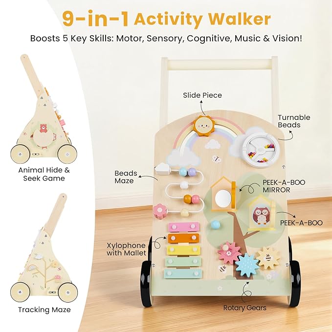 Wooden Baby Walker for 12 Months+, Montessori Push Walker for Babies Learning to Walk, Walker Toy Activity Center Adjustable Speed & Height, Wood Push Toy for Boys Girls 1st Birthday Gifts