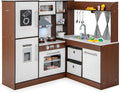HONEY JOY Corner Kids Kitchen Playset, Wooden Play Kitchen for Toddlers, Range Hood & Stove with Lights and Sounds, Water Circulation, Little Chef Pretend Toy Kitchen Set for Boys Girls, Brown