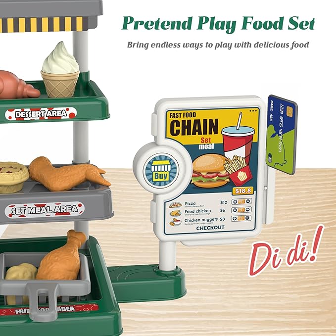 Kids Fast Food Pretend Play Set with Realistic Coffee Maker, Card Reader, Cash Register, Play Food (Burger, Fries, Sandwich), Play Money - Educational Toy Kitchen for Ages 3+