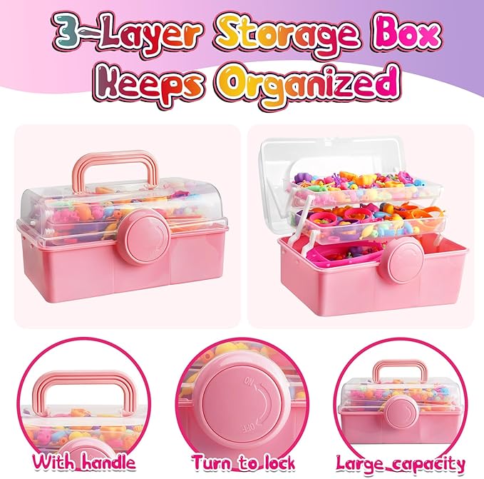 FUNZBO 850pcs Pop Beads - Jewelry Making Kit for 3 4 5 6 7 8 Year Old Little Girls, Arts and Crafts Toys for Kids, Necklace Bracelet Ring Hairband Creativity Snap Set Holidays Birthday Gifts