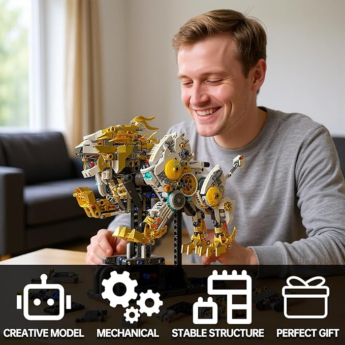 Mechanical Lion Building Block Toy Set Futuristic Mechanical Beast Model with Movable Parts & Gears Premium Mechanical Building Kit with Display Stand, Ideal Gift for Boys & Adults