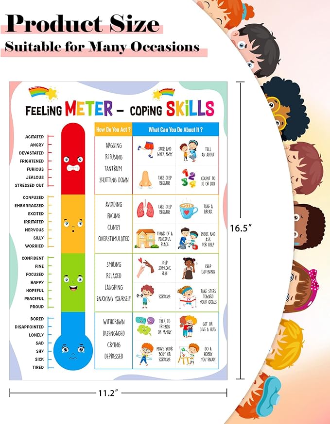 FLYAB Feelings Chart for Kids - Feeling Meter and Coping Skills Mental Health Posters Emotions Educational Poster for Toddlers 1-3 Kindergarten Preschool Classroom Calming Corner Decor