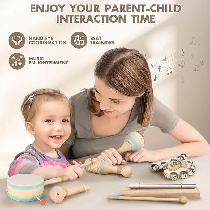 Wooden Musical Toys for Toddlers 1-3 - One 1st Birthday Easter Gifts for Boy & Girl 1-2, Montessori Toys for 2 3 Year Old, Musical Instruments with Drum for Baby Preschool Educational 18+ Months