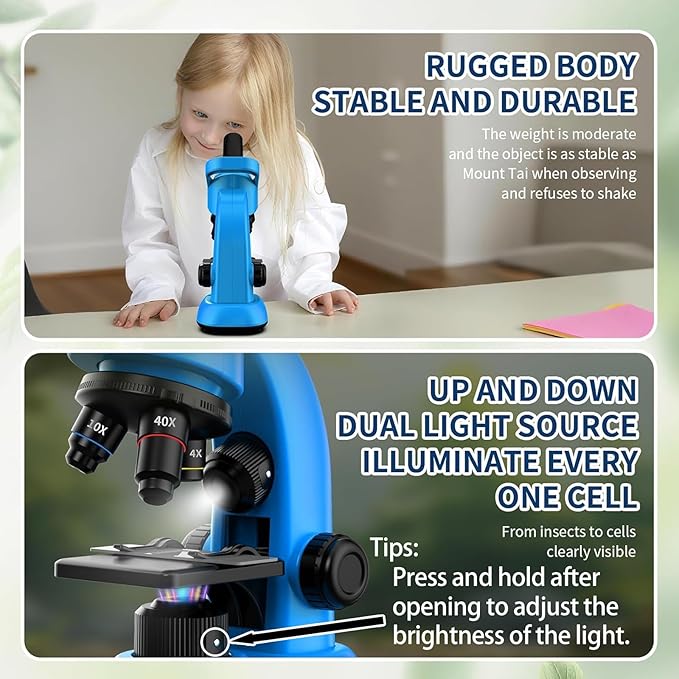 Microscope for Kids Scientific Experiment Kit 40X-1600X Magnification LED Light Educational STEM Kit with Slides and Lab Tools (Blue)