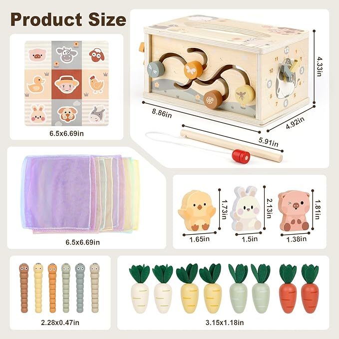 Joyreal 8-in-1 Montessori Tissue Box Toy for Baby 12 Months - Neutral Color Wooden Activity Cube for Boys and Girls First Birthday Gifts - Sensory Toy for Toddlers 1-3 Preschool Learning Education