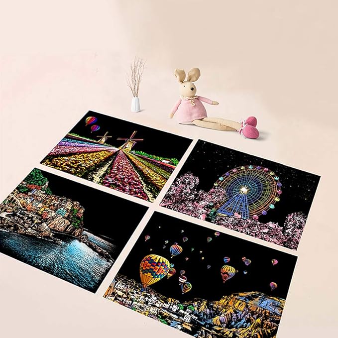 Rainbow Scratch Art Painting Paper (A4) for Adults & Kids, DIY Night View Scratchboard Set: 4 Sheets Scratch Cards & Clean Brush, Drawing Pen(Cinque Terre / Windmill / Ferris Wheel / Hot Air Balloon)
