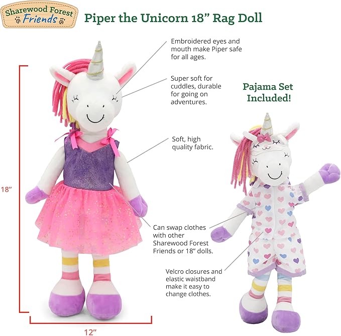 Plushible Soft Baby Doll Unicorn, 18 Inch - Plush Rag Doll with 2 Clothing Sets, My First Plush for Girls, Babies & Infants, Soft Baby Stuffed Toy, Adorable Companion for Age 1+