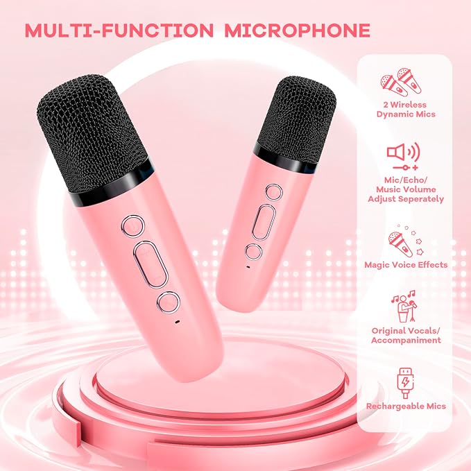 Mini Karaoke Machine for Kids Adults, Portable Bluetooth Speaker with 2 Wireless Microphones, Most Popular Toys Birthday Gifts for Girls 4, 5, 6, 7, 8, 9, 10, 11, 12+ Years Old Toddler Teens（Rose）