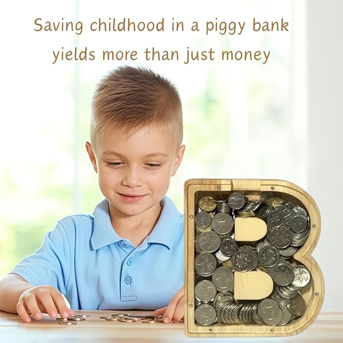 Wooden Alphabet Piggy Bank Clear Acrylic Panel Coin Savings Box Personalized Money Bank for Kids Boys Girls Adults, Birthday Home Décor(N)