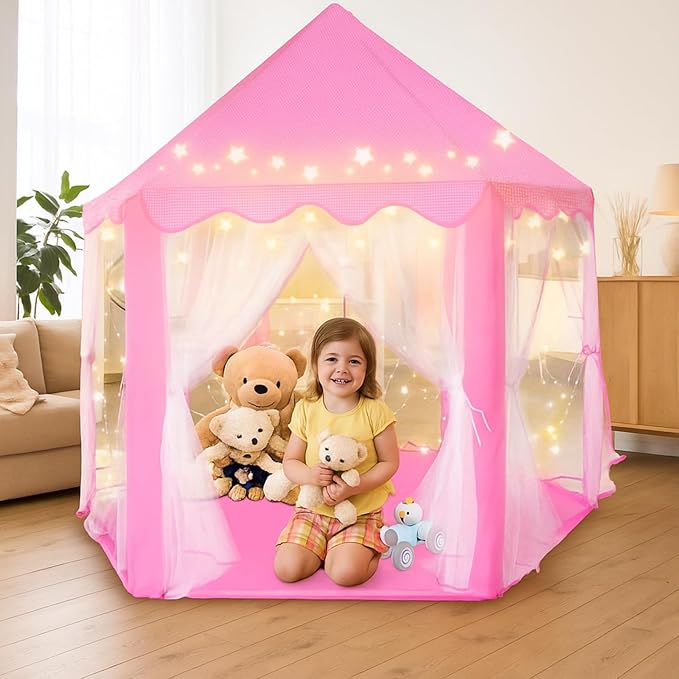 Kid's Play Tent, Ceither Princess Castle Girls Playhouse with Star Lights, 55" x 53" (L x H) Pink Princess Tent Indoor Outdoor for Imagination Interactive Play