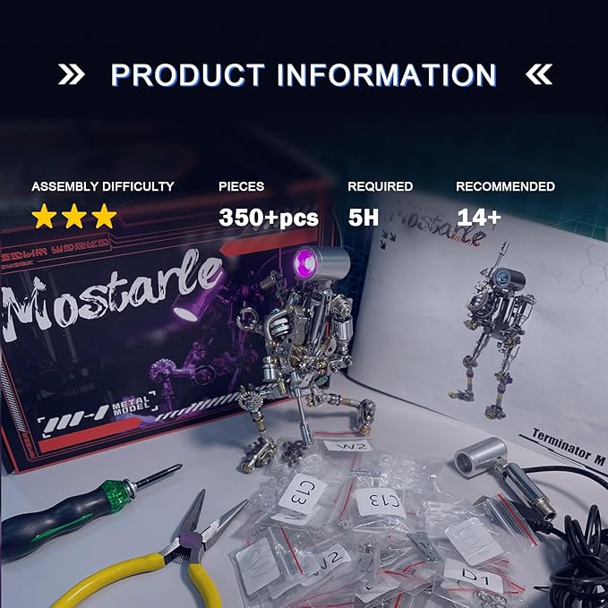 Mostarle Terminator M 3D Metal Puzzle, Arcynix DIY Mechanical Robot Model Kit, Sci-Fi Design LED Light Feature Unique Gift for Adults & Teenager (Purple)