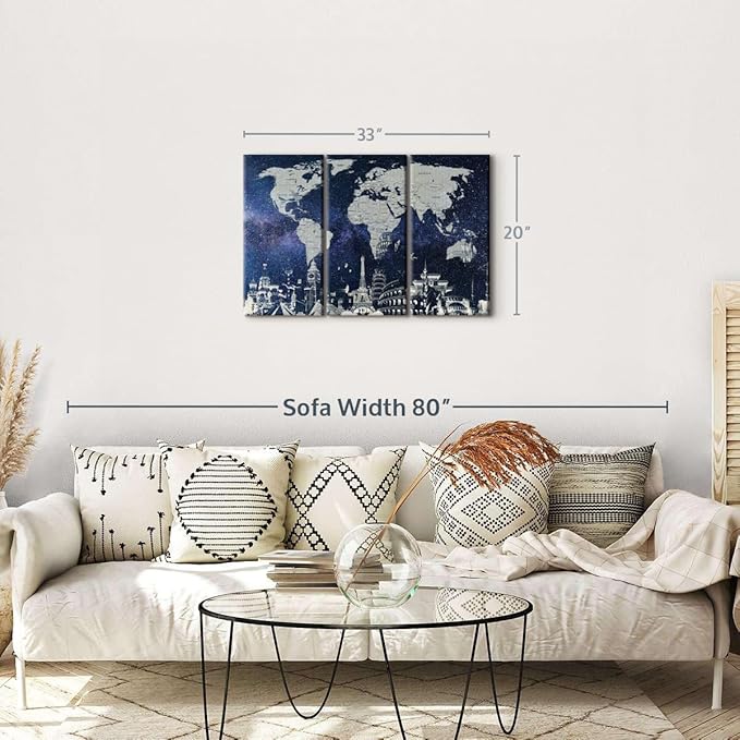 ElephantStock Starry World Map Multi Piece Canvas - 3 Panel Wall Decor - Map of the World Art - Canvas for the Office and Home - 33" X 20"