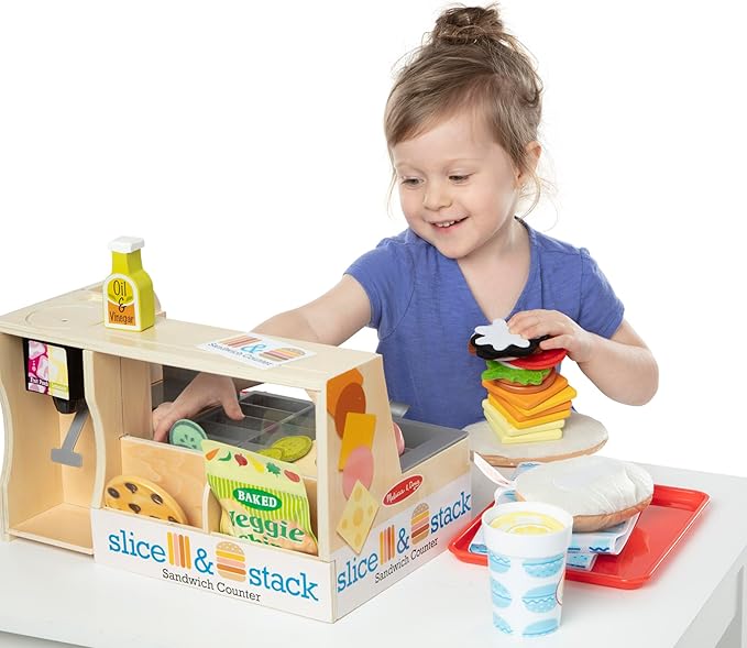 Melissa & Doug Slice-Stack-Serve, Wooden Sandwich Counter Pretend Play Store with Play Food Toys, Play Money & Deli Slicer, Preschool Toys for Kids 3+
