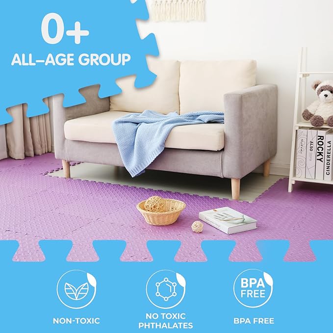Coolcandy Foam Play Mat, 12"x12" Square Tiles - Non-Toxic, Soft, Thickened, Interlocking - Toddler Playmat for Playing, Exercise (Purple, 16 Tiles)