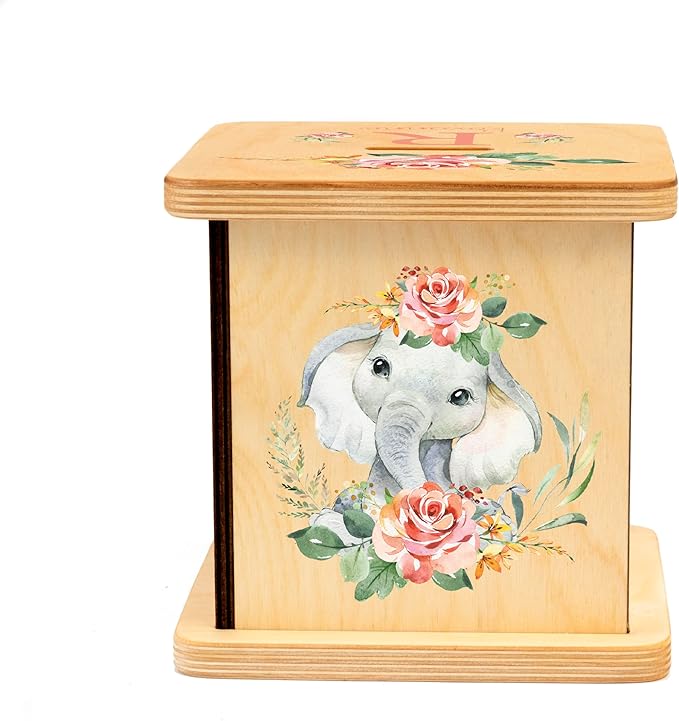 Wooden Piggy Bank for Kids and Adults, Personalized Gift Handmade in USA by BloomOwl, Custom Piggy Bank, Personalized Banks for Kids, Gifts for Baby Boys and Girls (Elephant- Coral)