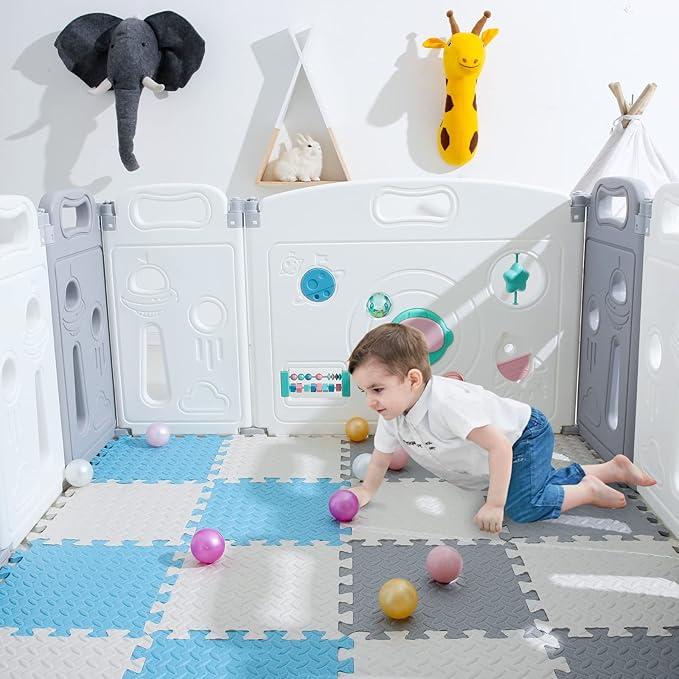 Foam Floor Mats for Kids, 12 x 12 Inch 16 Tiles 0.4" thickness Foam Play Mat, Non-Toxic Square Interlocking Floor Mats Rubber Baby Play Mat for Toddlers(White/Gray/Light Blue)