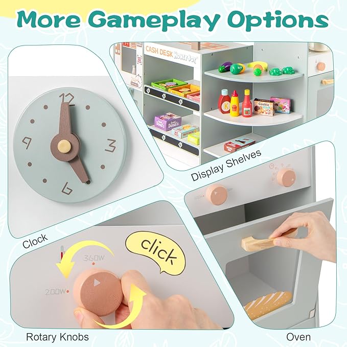 HONEY JOY Kids Grocery Store Playset, Wooden Play Store w/Coffee Maker & Vending Machine, Toddler Supermarket Checkout Stand w/Cash Register, Display Shelves, Play Food, Grocery Store Pretend Play