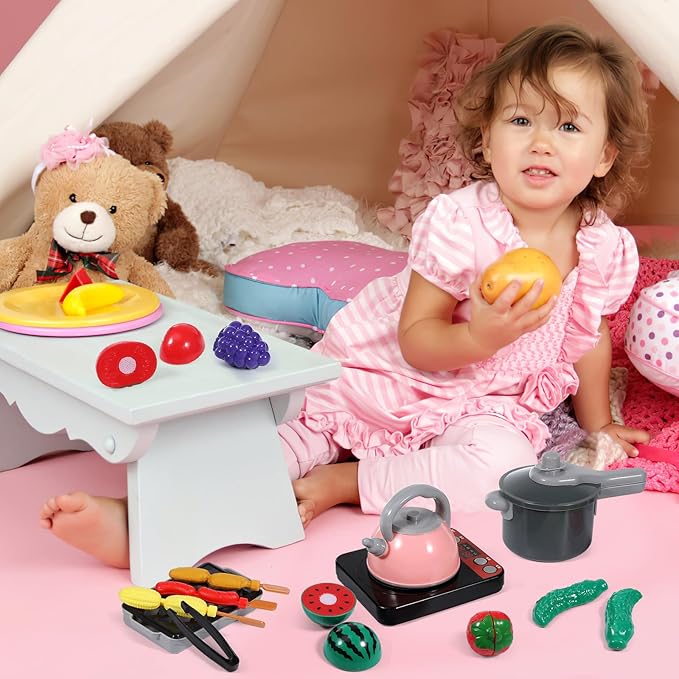 UPKOCH 86-Piece Interactive Kids Kitchen Playset with Electric Stove & Pressure Cooker - Pretend Play Cooking Toys for Toddlers, Cutting Vegetables & BBQ Grill Roleplay (Pink)
