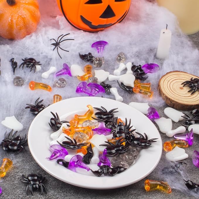 250PCS Halloween Vase Filler – Acrylic Halloween Sensory Bin Filler with Spiders, Bats, Skulls, Ghosts, Witch Hats, Boots, and Bones, Mini Halloween Figurines for Crafts and Bowl Decor