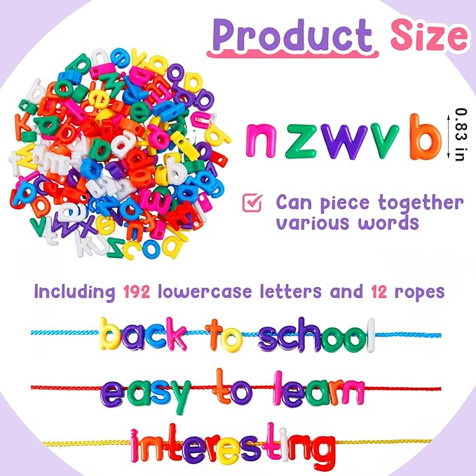 Wesiti 408 Pcs Lacing Letters Alphabet Learning Toys Toddler ABC Alphabet Beads Lacing Sports Skills Toys for Preschool Games Homeschool Supplies Early Spelling (Lowercase Letters)