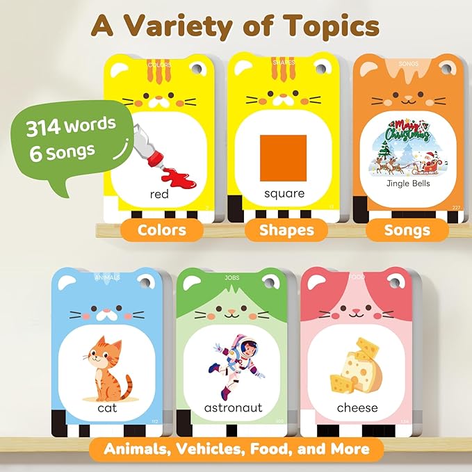 JoyCat Talking Flash Cards for Toddlers 1-5, 314 Words with Durable Thick Cards & Clear Audio, Easy to Slide in and Out, Speech Therapy Toys, Birthday Gifts for Boys Girls