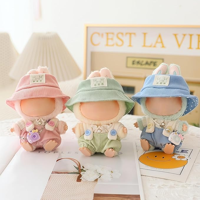 Clothes for Dolls Accessories (No Doll), Cute Outfit Set 5 Pieces Bib Pants for 15 & 17cm Doll Suit, Stylish Dress Up Overalls Doll Clothing Set Replacement with Hat Clothes Shoes Blue