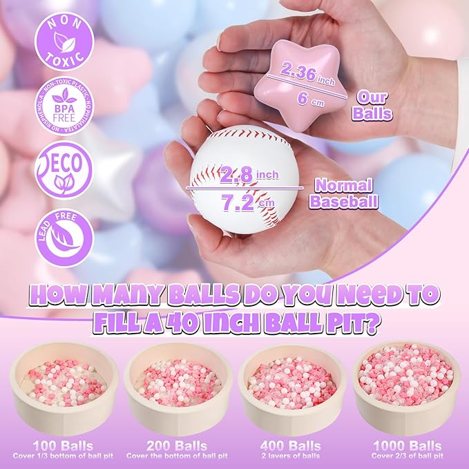 GOGOSO Ball Pit Balls for Toddlers Phthalate-Free BPA-Free Non-Toxic Crush Proof Soft Plastic Play Balls Baby Kids Shape Tent Pool Playhouse Playpen Party Decor, Pink Blue Purple White,200PCS