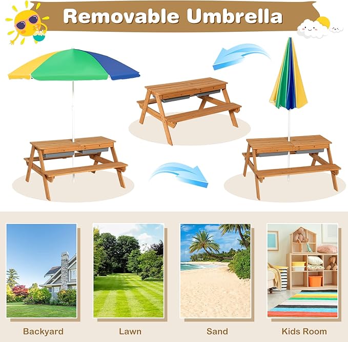 HONEY JOY Kids Picnic Table, 4 in 1 Cedar Wooden Sand & Water Table w/ 2 Removable Box & Umbrella, Kids Picnic Tables for Outdoors Backyard Garden, Toddler Patio Furniture Set for Boys Girls(Colorful)