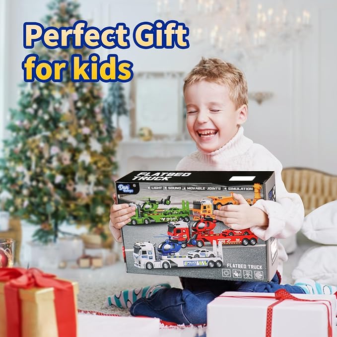 Kids Toys for Ages 3 4 5 6 7 8 Years Old Boys, 25" Large Fire Semi Truck with Helicopter & Race Car, Friction Powered Vehicle with Lights & Sounds,Birthday Gift for Boys Girls