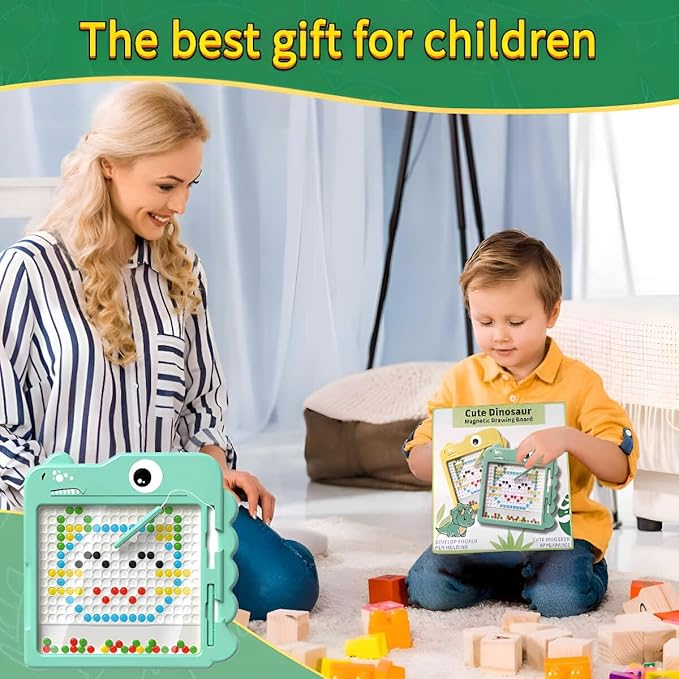Magnetic Drawing Board，Large Magnet Doodle Board with Pen and Dot Beads,20 Colored Pattern Cards,Montessori Toys and Travel Toys Two-in-one,Perfect Learning Gift for Toddlers Ages 3-8
