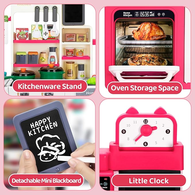 Red Kids Play Kitchen Set, Toddler Kitchen Playset with Sound & Light, Cooking Stove with Steam, Play Sink, Play Food Toy and Kitchen Accessories, Kitchen Toy for Kids Girls Boys - Red