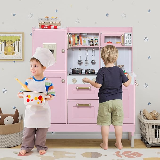 Play Kitchen for Kids, Wooden Kids Kitchen Playset with Realistic Sounds, Children Pretend Toy Kitchen Playset w/Stove, Oven & Ice Maker, Little Chef Play Kitchen for Girls and Boys, Pink