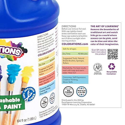 Colorations Paraben-Free Simply Washable Tempera Paint, Set of 10 Colors - 1/2 Gallons. Non-Toxie and Made in The USA