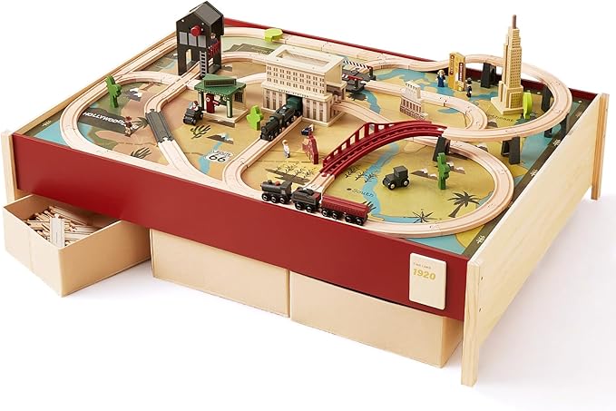 Tiny Land Large Wooden Train Table (47.9”x35.2”), 100PCS Train Set, 3 Storage Bins, Activity Playset for Kids Ages 3+