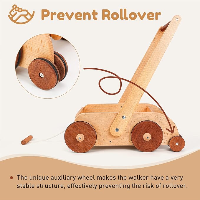 Woodtoe Wooden Baby Walker, Adjustable Speed Anti-Rollover Push Walker Toy for Babies Learning to Walk, Natural Wood Toddler Push and Pull Toys Wagon Birthday Toy for Boy Girl 1-3(Patent Protection)
