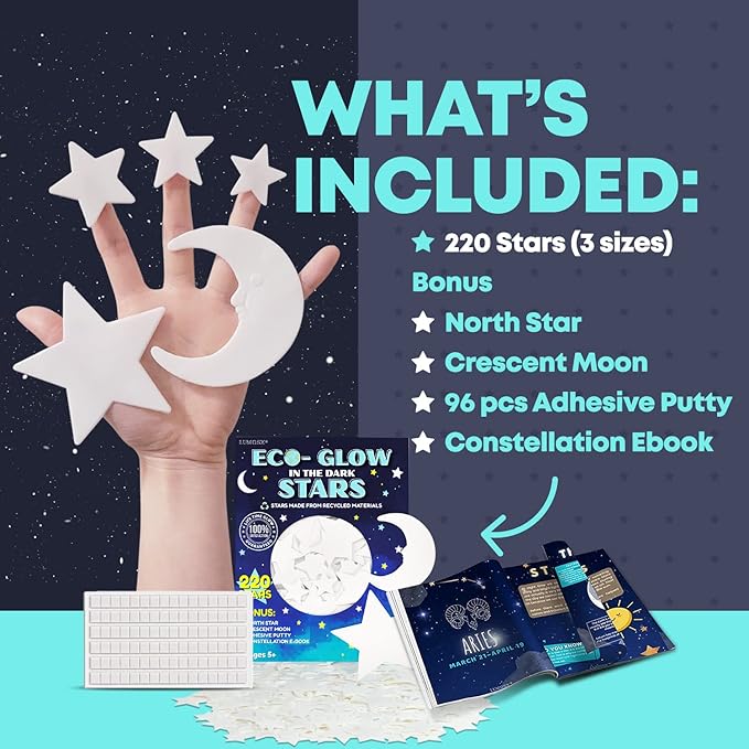 LUMOSX Glow in the Dark Stars for Ceiling – 220pcs Recycled Material Stars with North Star, Moon & Constellation E-Book for Kids' Room Decor