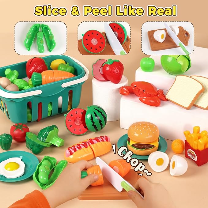 LovesTown 59PCS Play Kitchen Accessories with Basket, Pink Pretend Play Food Set for Kids with Pots Pans Tableware Kitchen Cooking Toys for Toddler Gifts for Boys Girls